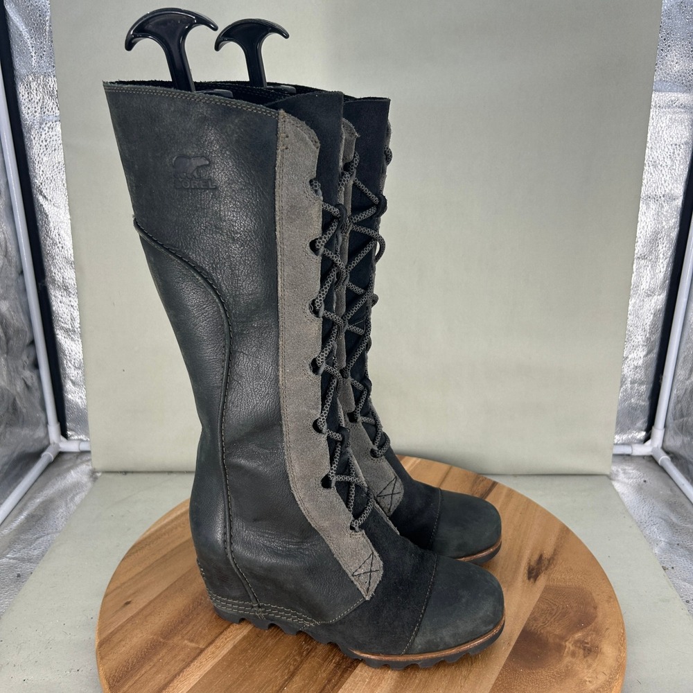 Sorel Cate the Great Wedge Boot Black Leather Suede NL2175-010 Womens 8.5